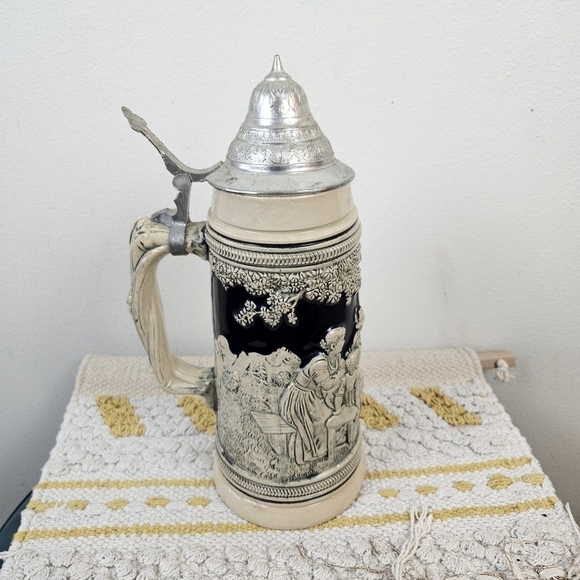 West Germany Stoneware Beer Stein cobalt Blue and Gray Hunting Scene ~Pewter Lid - Picture 1 of 6